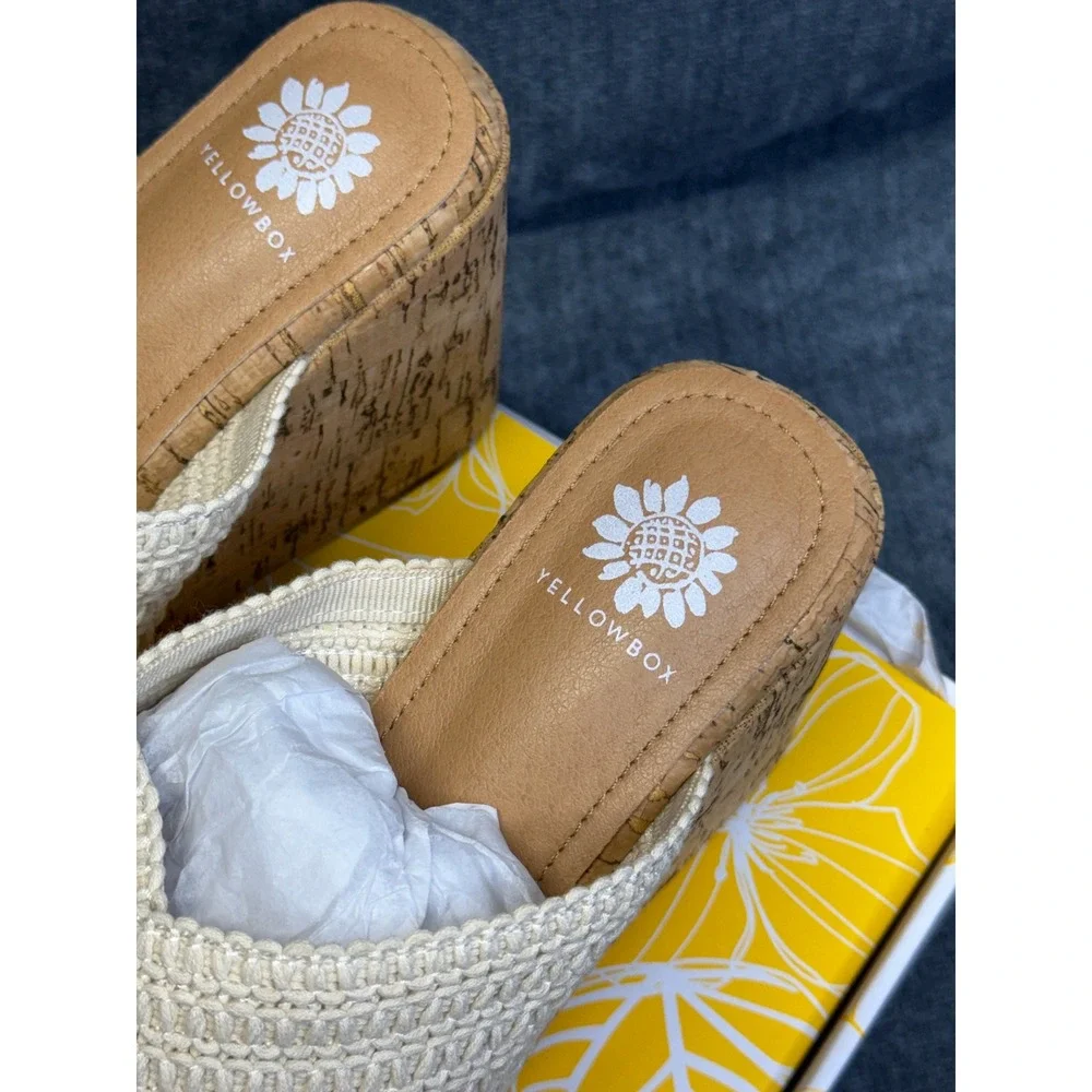 Yellow Box Halva Sandals Womens 7 Natural Woven Cork High Wedge Platform Slide